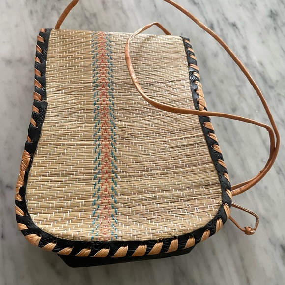 Handcrafted Genuine Leather African  Tan and Black Woven Crossbody Bag - Picture 2 of 6
